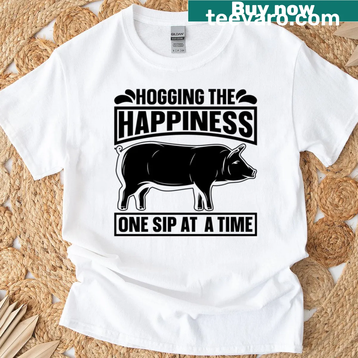 Oversized pig farmer t-shirt with playful farm product design — on a men's t-shirt