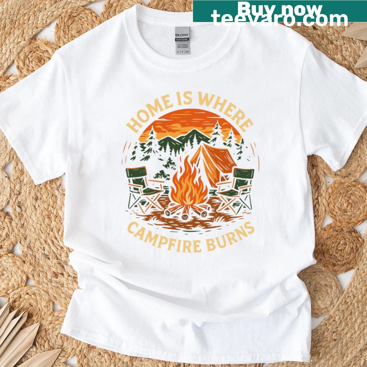 Funny camping t-shirt with a campfire illustration. — on a men's t-shirt
