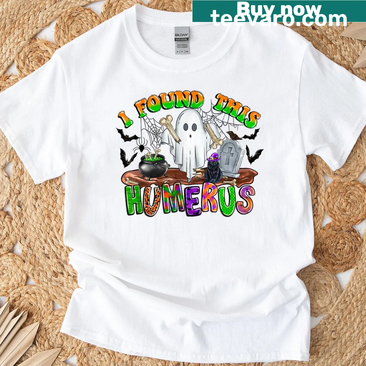 Funny ghost with bone Halloween t-shirt — on a men's t-shirt