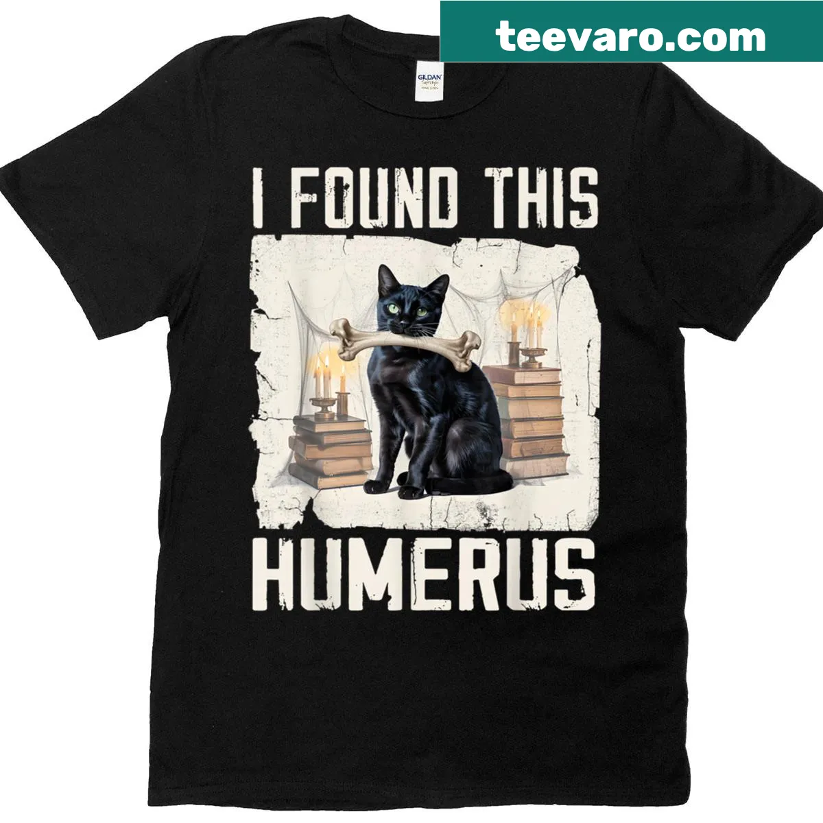 Vintage-style Halloween shirt with a pun about humor and a black cat graphic. — on a men's t-shirt