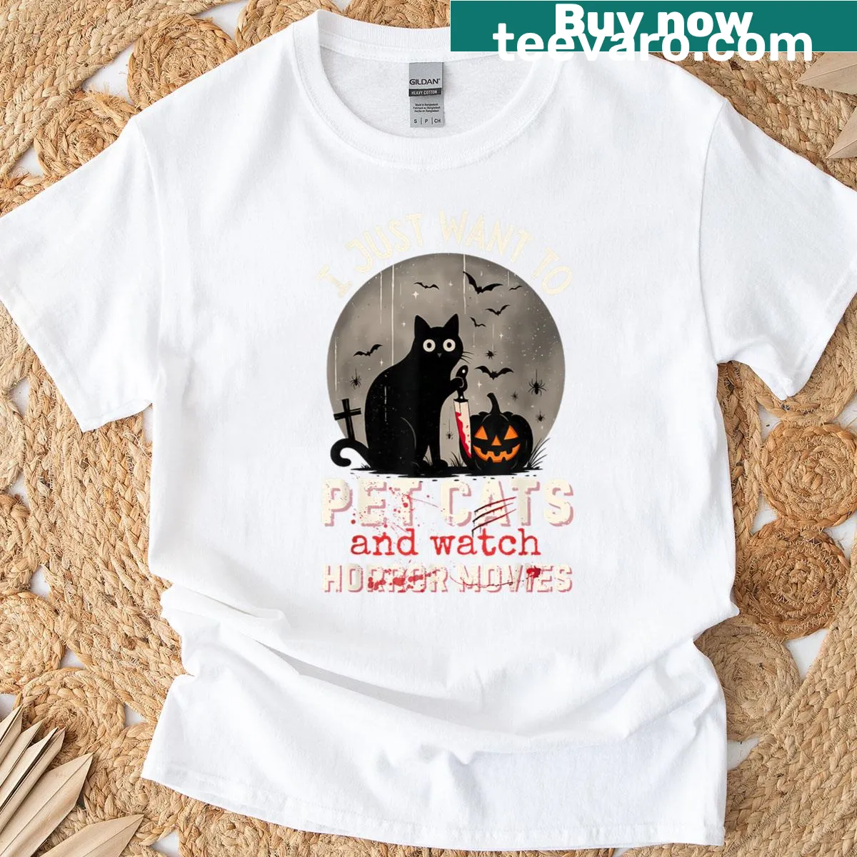 Funny cat and horror movie-themed t-shirt with playful text. — on a men's t-shirt