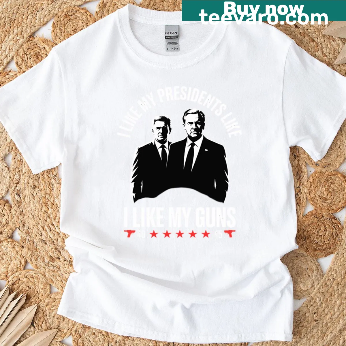 Political humor T-shirt with humorous phrase about presidents and guns — on a men's t-shirt