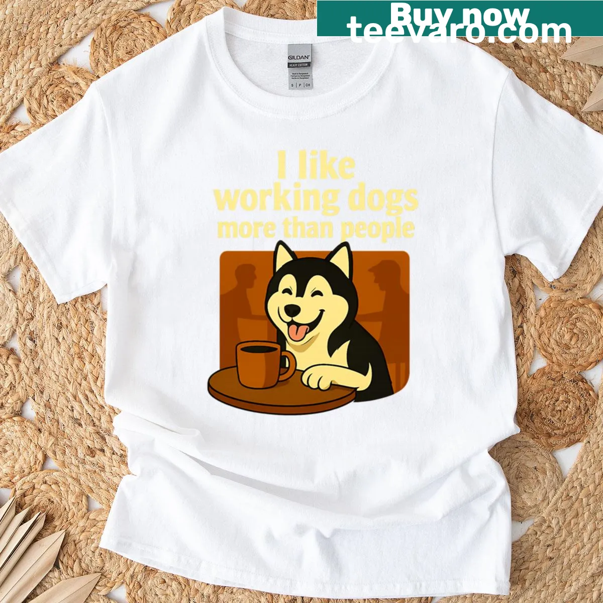Funny shirt with a dog illustration and humorous text — on a men's t-shirt