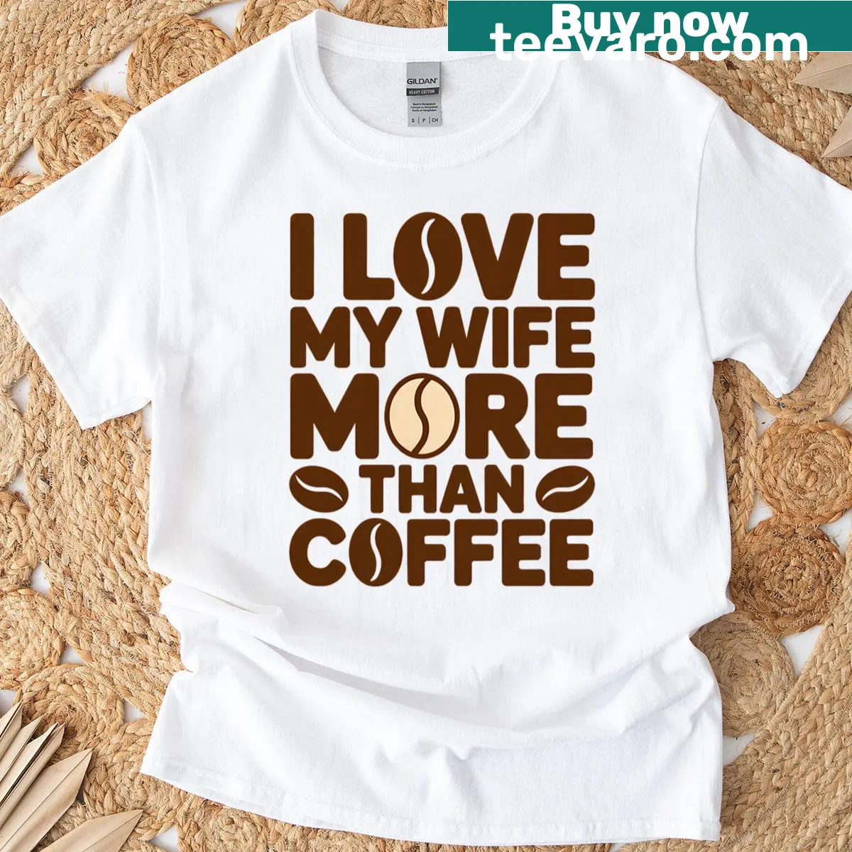 Funny oversized t-shirt with the quote about loving wife more than coffee — on a men's t-shirt