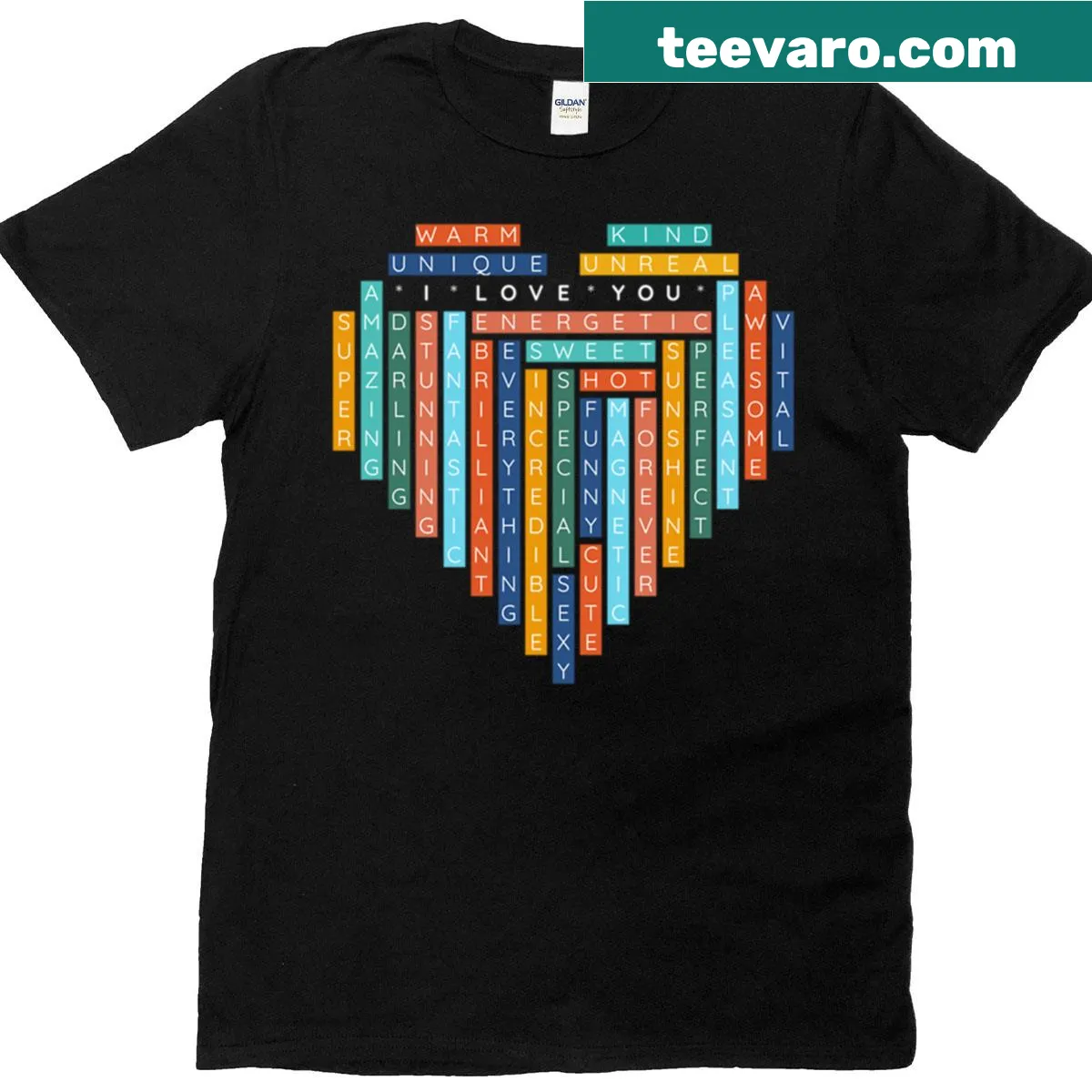 Puzzle art graphic depicting 'I Love You' in a creative design — on a men's t-shirt
