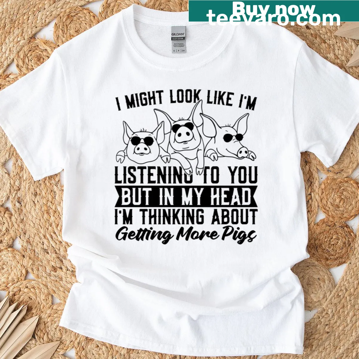Graphic tee with a humorous pig and text about listening. — on a men's t-shirt