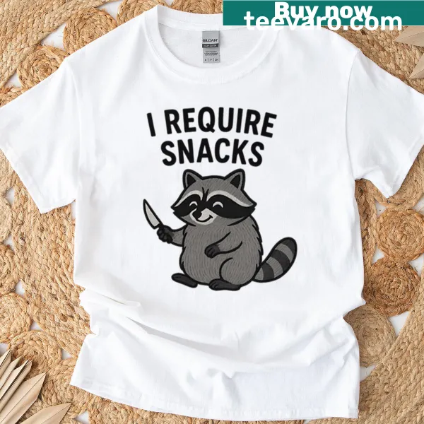 Embroidery of a raccoon holding a snack on a t-shirt