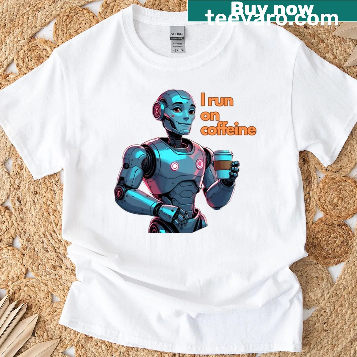 Funny T-shirt featuring a robot and the phrase 'I run on caffeine.' — on a men's t-shirt