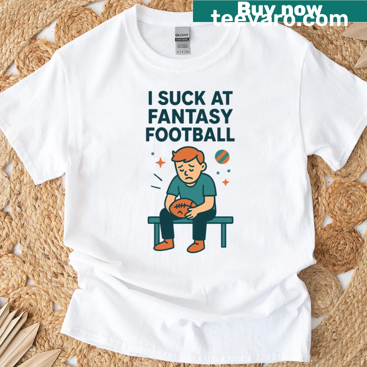 Funny shirt proclaiming 'I Suck At Fantasy Football' — on a men's t-shirt