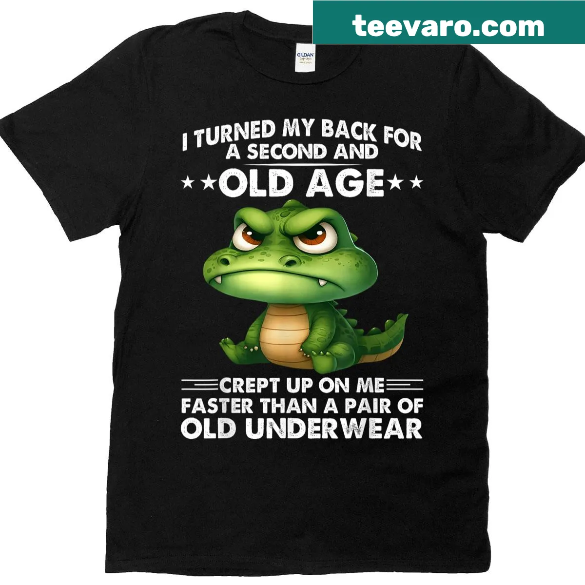 Humorous T-shirt about aging with playful text — on a men's t-shirt