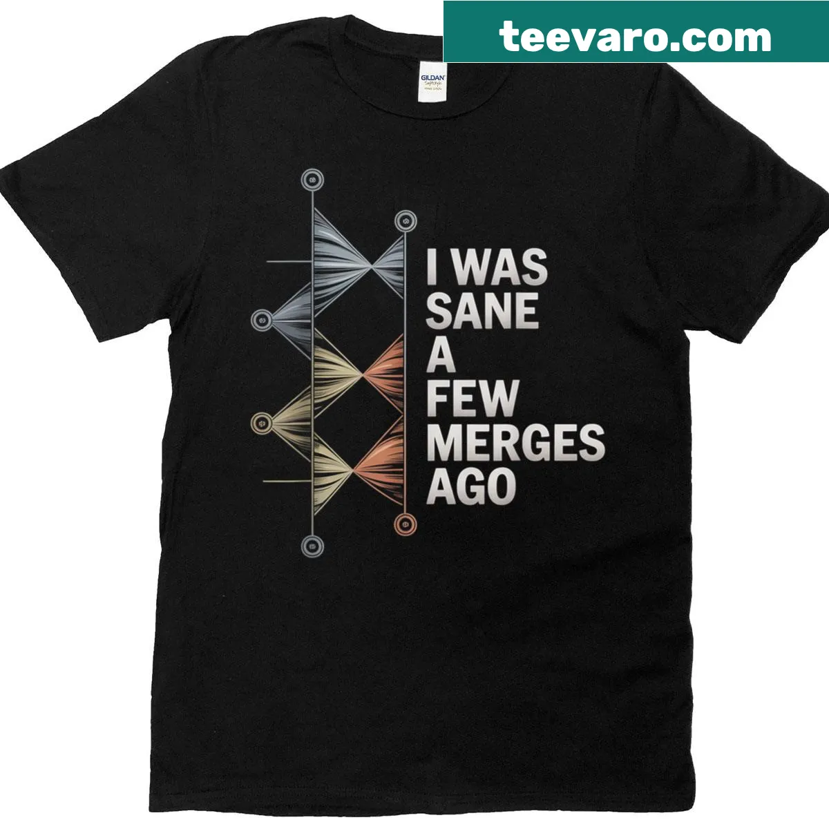 Funny coder T-shirt about sanity and code merges — on a men's t-shirt