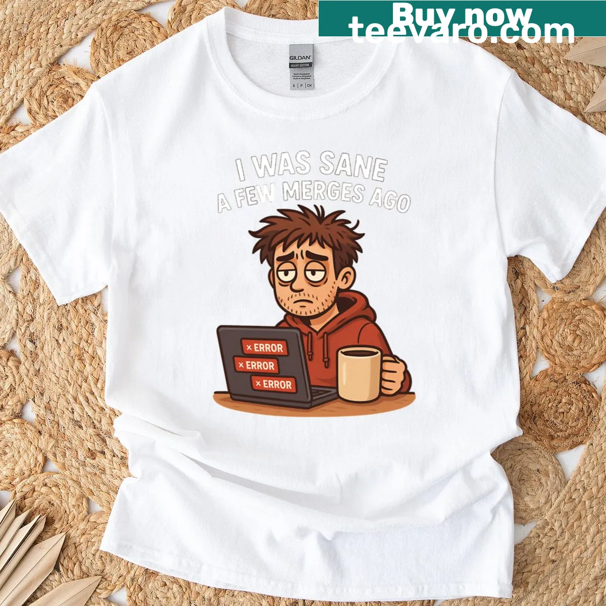 Funny programmer quote about sanity and merges on T-shirt — on a men's t-shirt