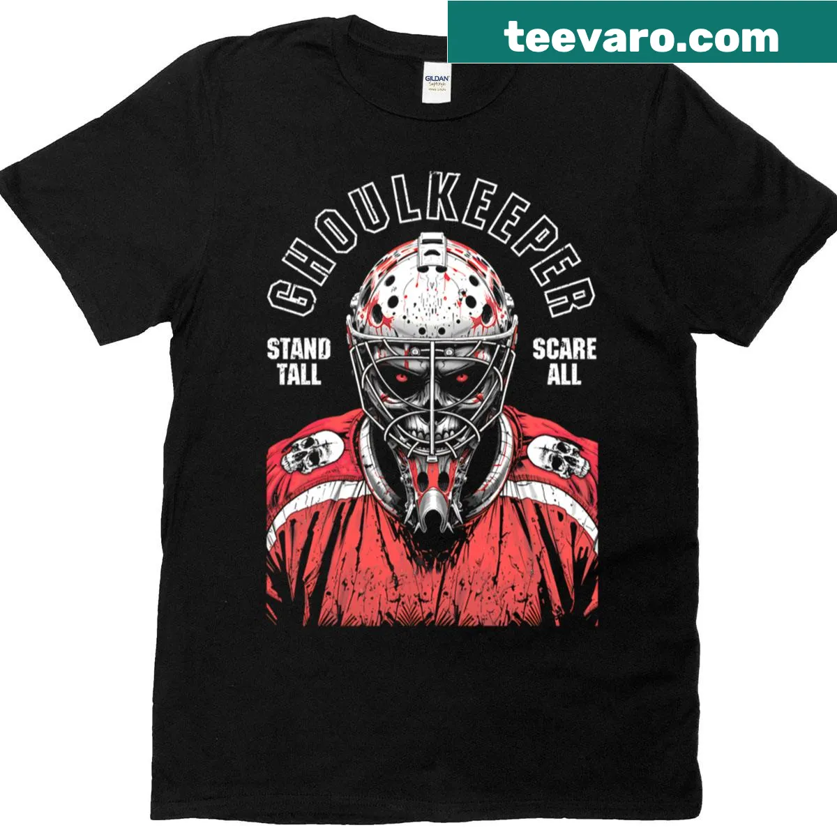 Zombie goalkeeper graphic on ice hockey Halloween T-shirt — on a men's t-shirt