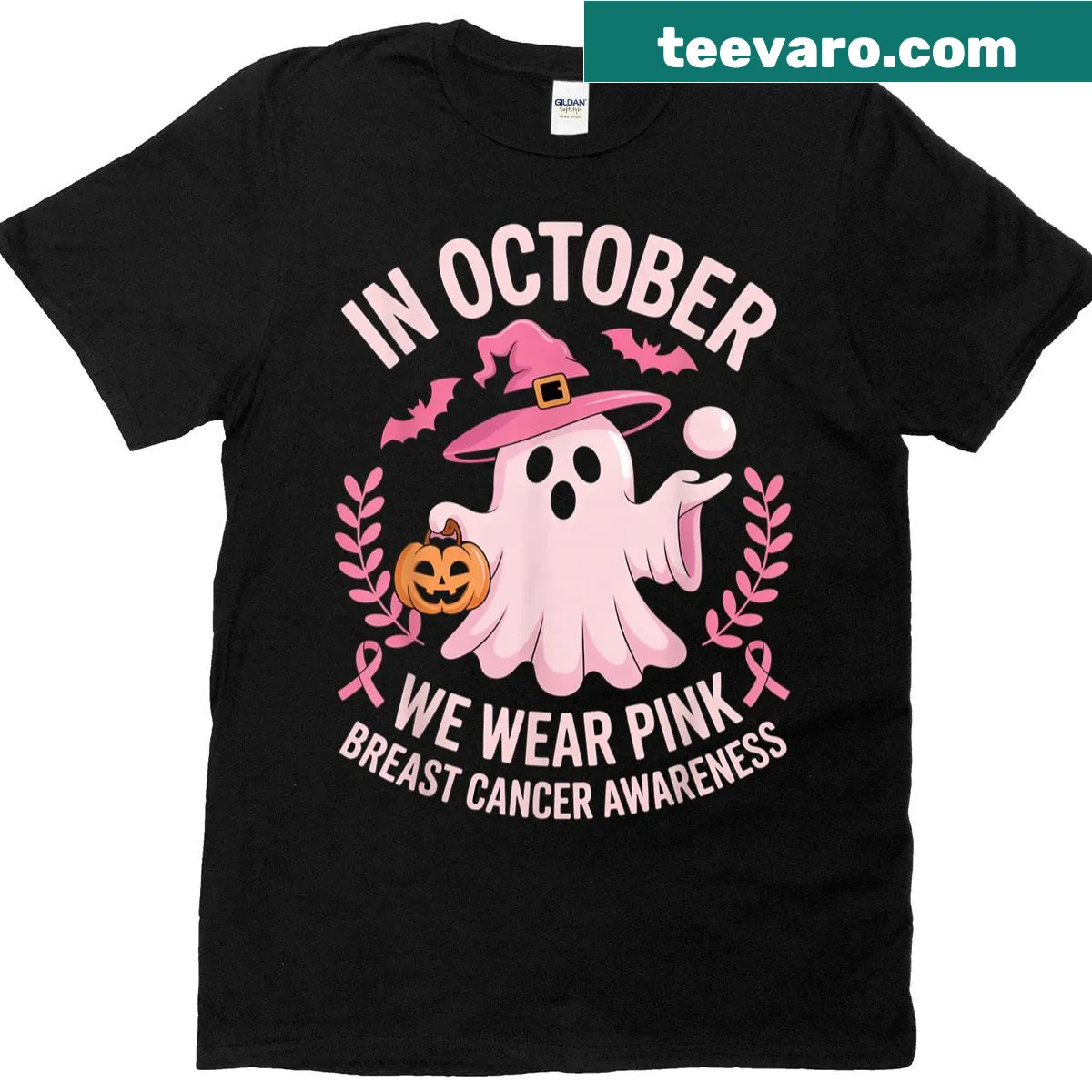 Ghost and pink ribbon design for breast cancer awareness on a t-shirt. — on a men's t-shirt