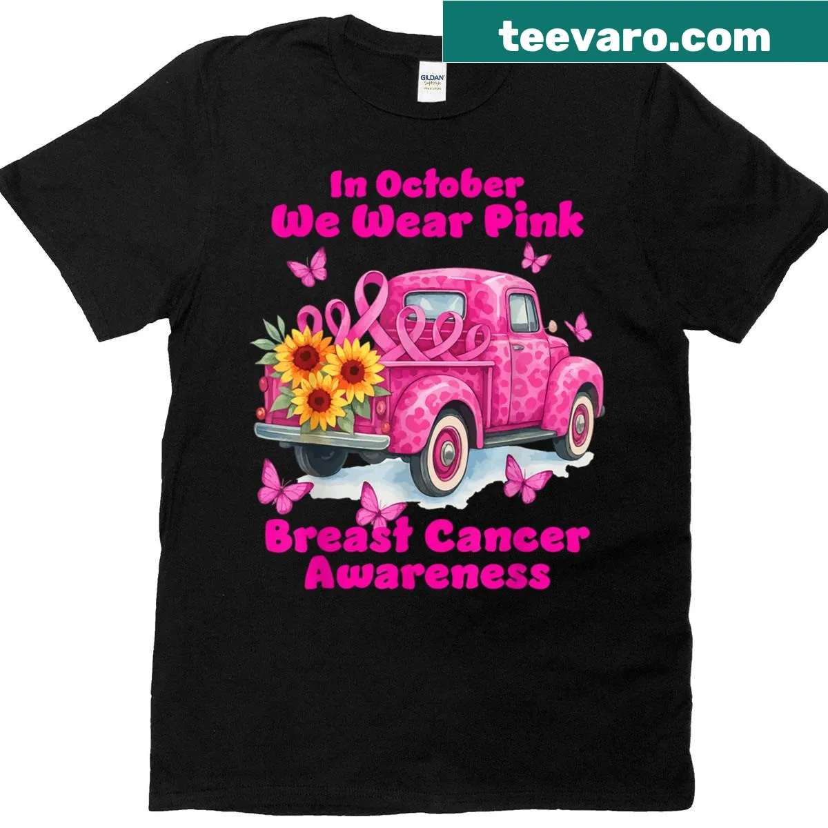 Breast Cancer Awareness T-shirt with the phrase 'In October We Wear Pink' — on a men's t-shirt