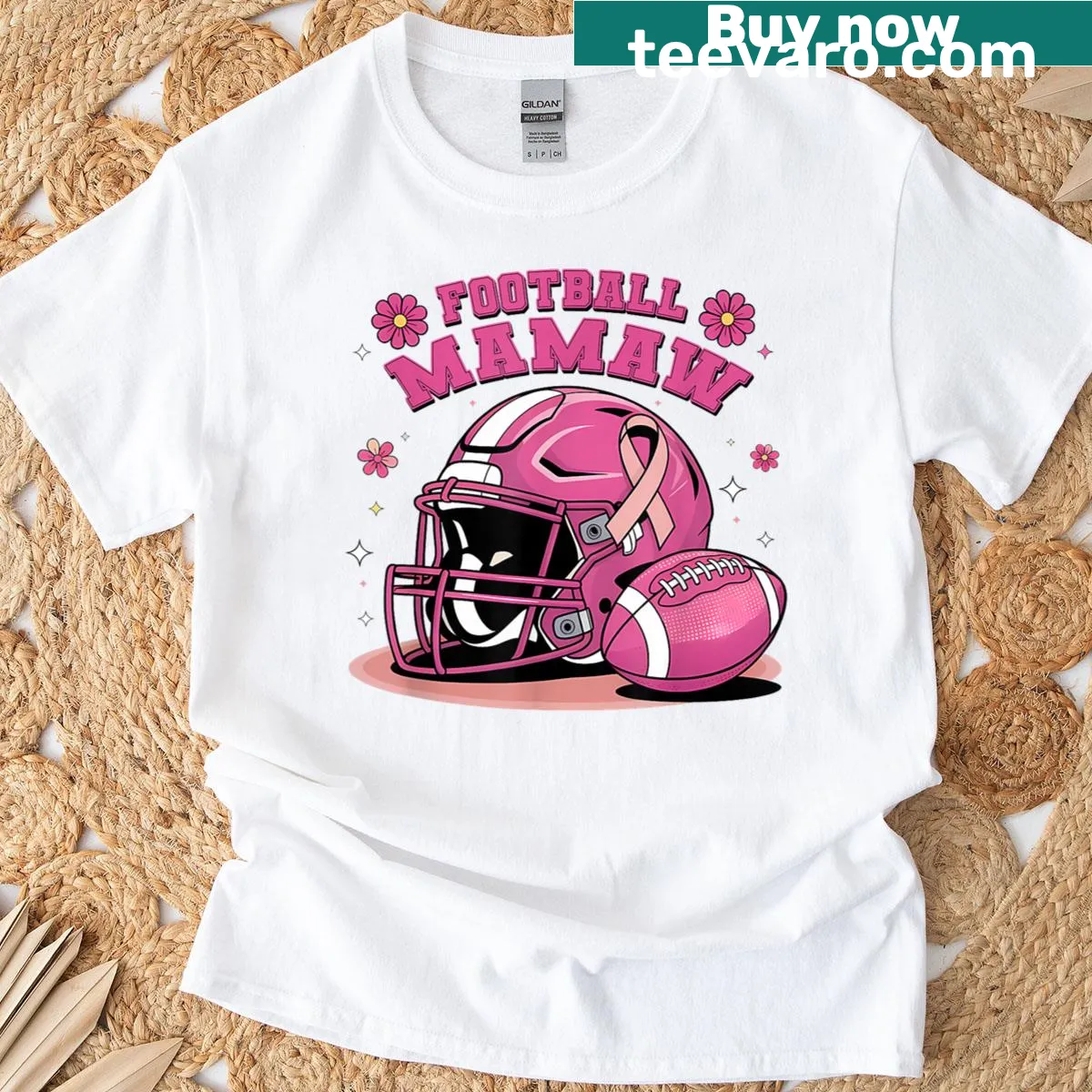 Football-themed design supporting breast cancer awareness with Mamaw reference — on a men's t-shirt