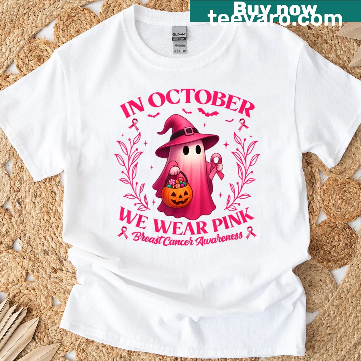 Whimsical ghost illustration with text supporting breast cancer awareness — on a men's t-shirt