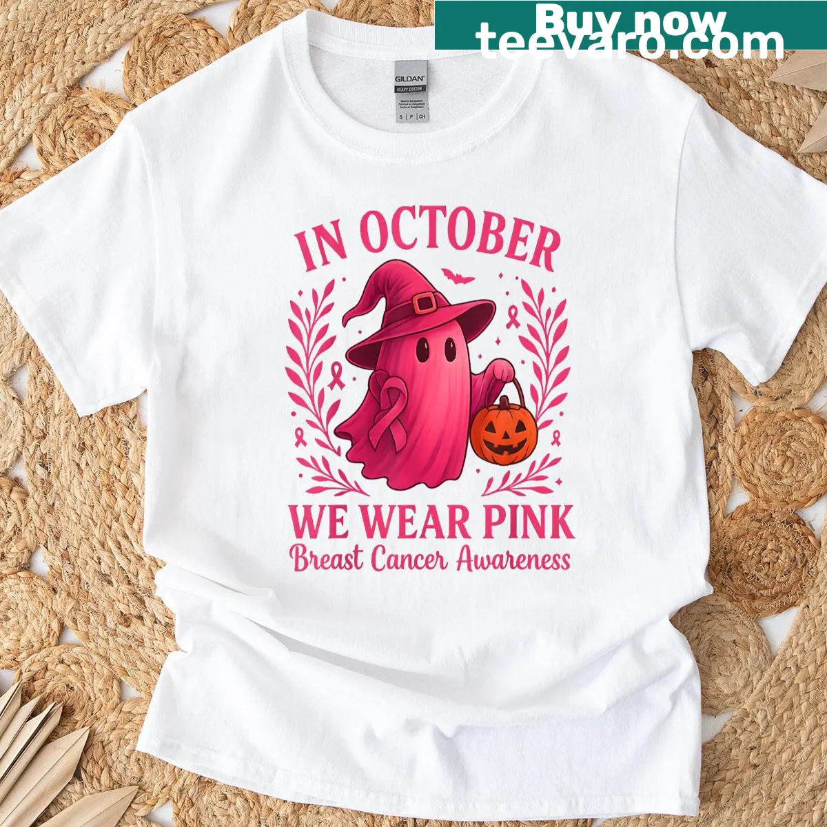 Breast cancer awareness T-shirt with pink ghost graphic and text — on a men's t-shirt