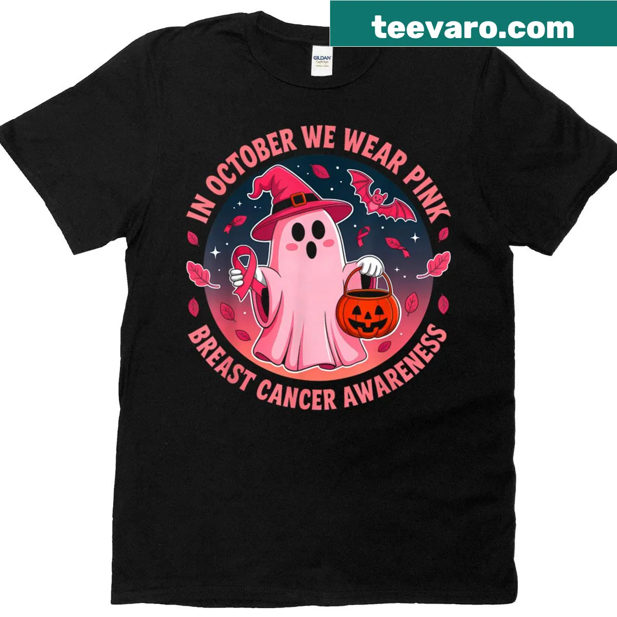 Halloween ghost and pink ribbon design for breast cancer awareness t-shirt. — on a men's t-shirt