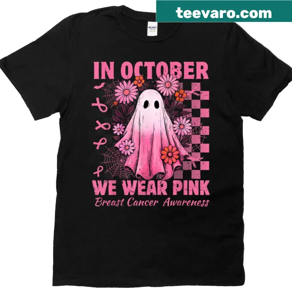 Fun Halloween T-shirt with pink ghosts and retro design for October.