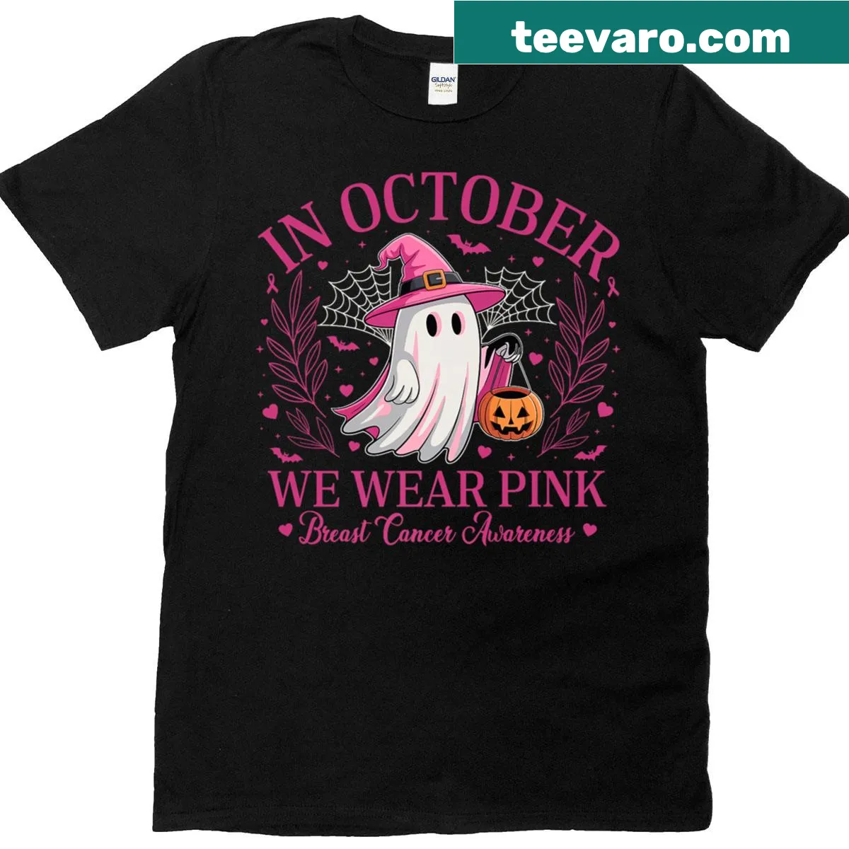 Ghost and witch design promoting breast cancer awareness — on a men's t-shirt