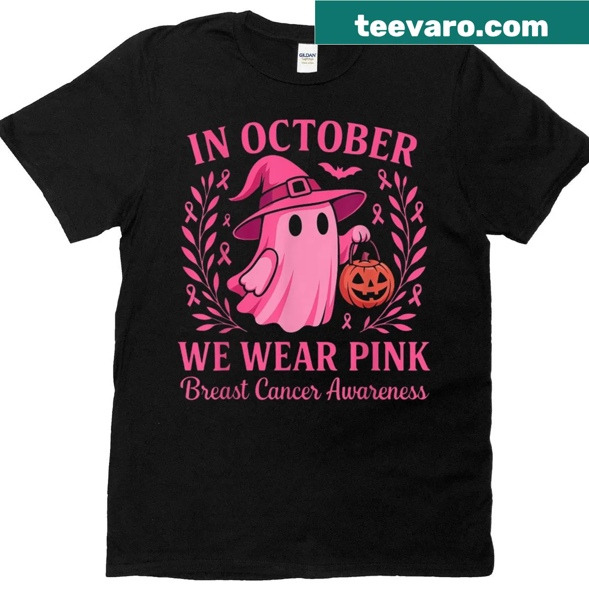 Halloween-themed t-shirt with a pumpkin and pink ribbon for breast cancer awareness — on a men's t-shirt