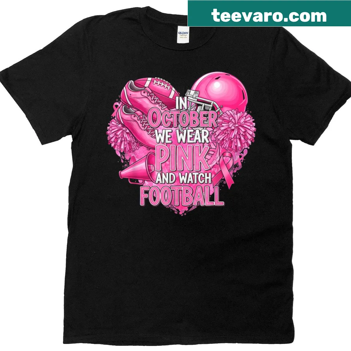 Typographic T-shirt promoting pink awareness during football season in October — on a men's t-shirt