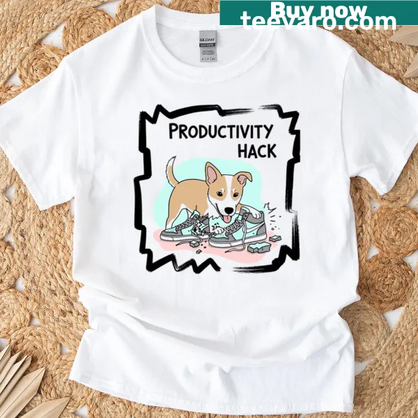 Funny t-shirt featuring an innocent dog with a shoe