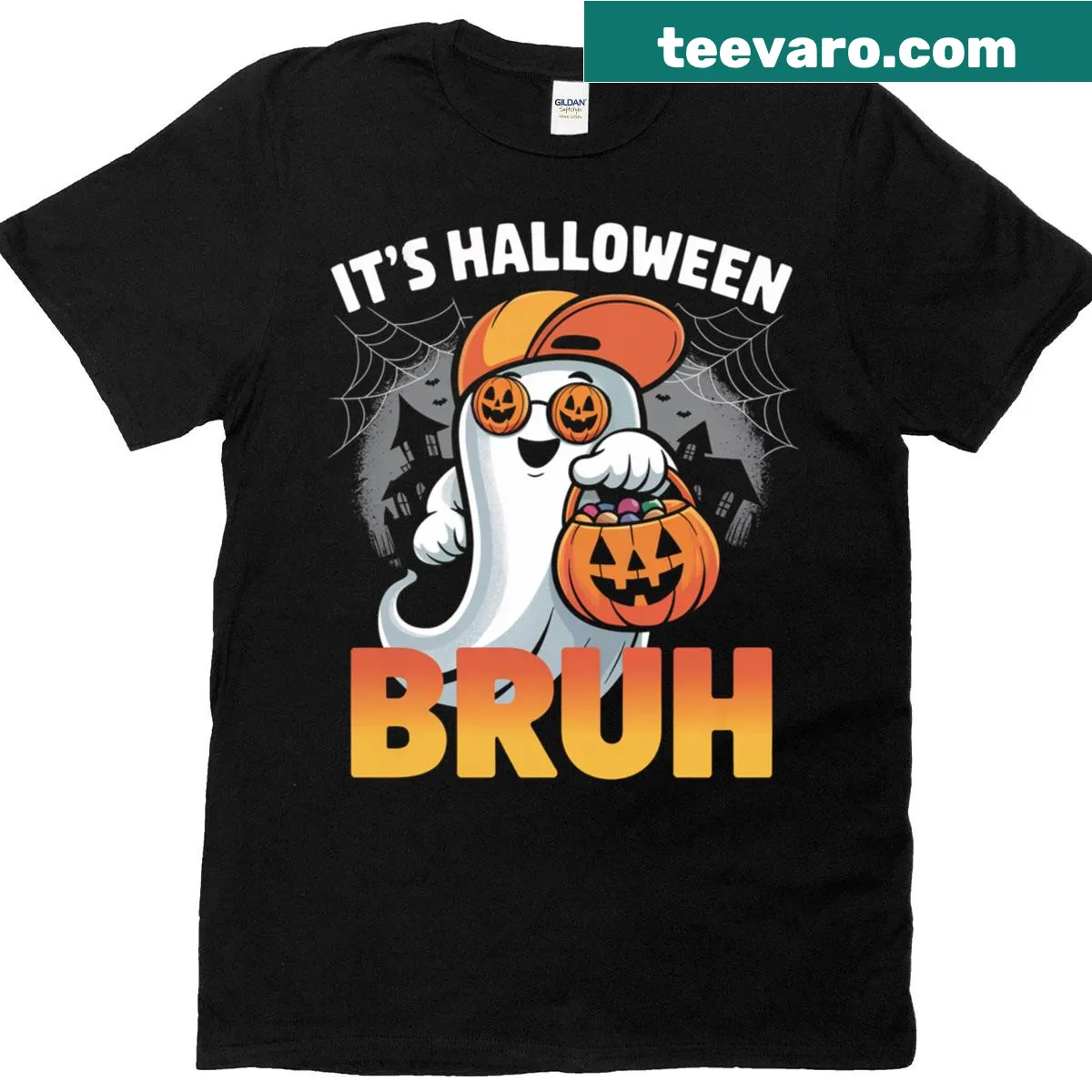 Halloween shirt with ghosts and pumpkins, saying 'Its Halloween Bruh' — on a men's t-shirt