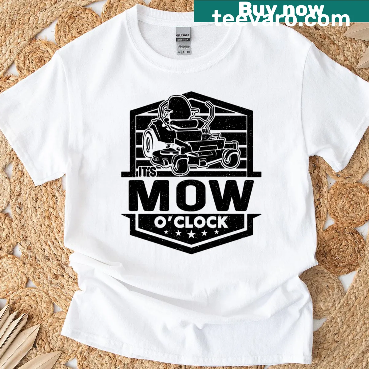 Humorous illustration of a lawn tractor with mowing time text — on a men's t-shirt