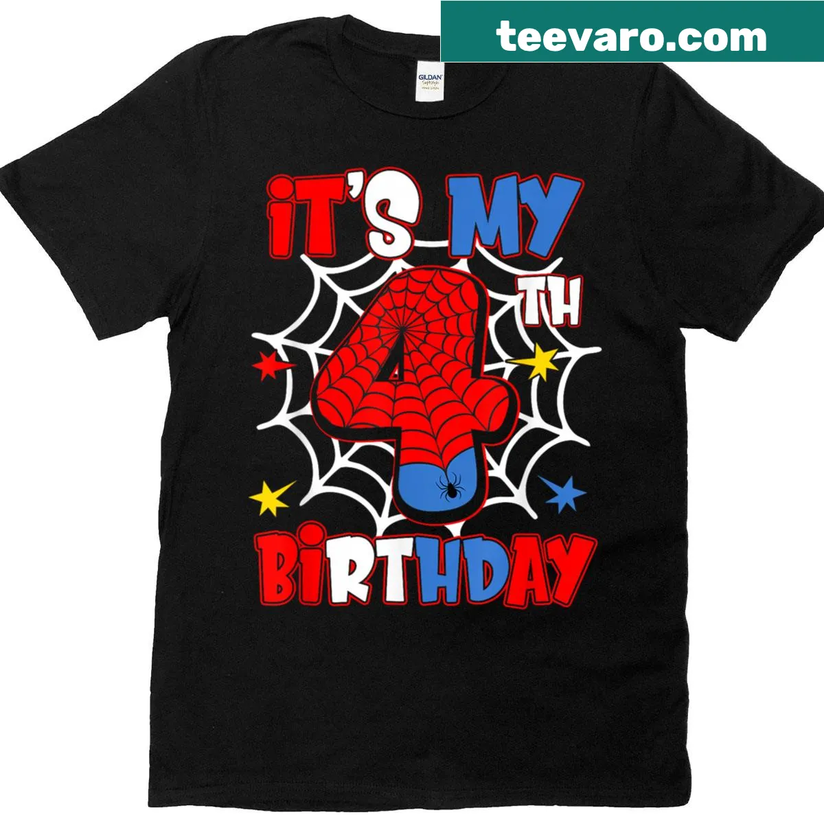 Cute spider-themed birthday shirt for 4-year-old boys — on a men's t-shirt