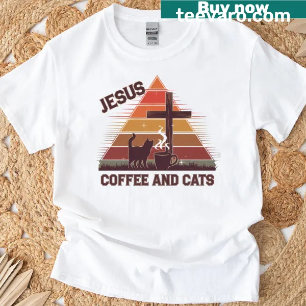 Cute t-shirt featuring a design with Jesus, coffee, and cats for cat lovers