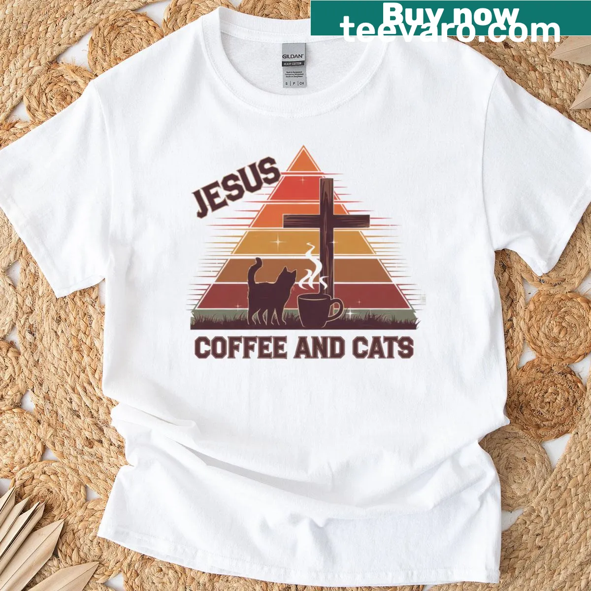 Cute t-shirt featuring a design with Jesus, coffee, and cats for cat lovers — on a men's t-shirt