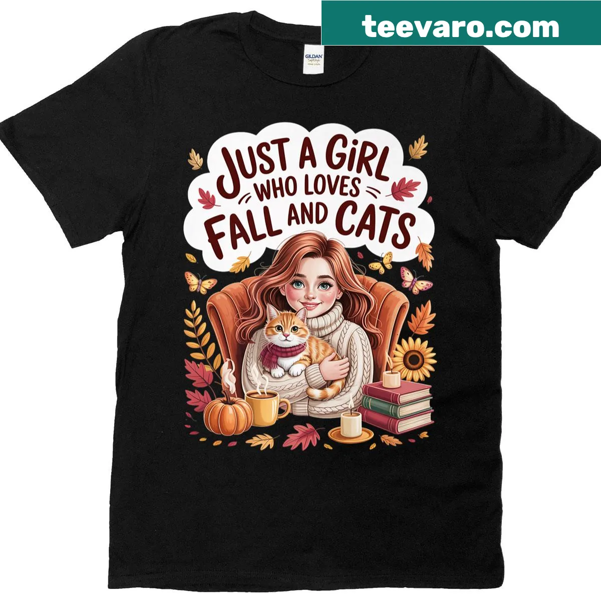 Whimsical autumn design featuring cats and pumpkins for cat lovers. — on a men's t-shirt