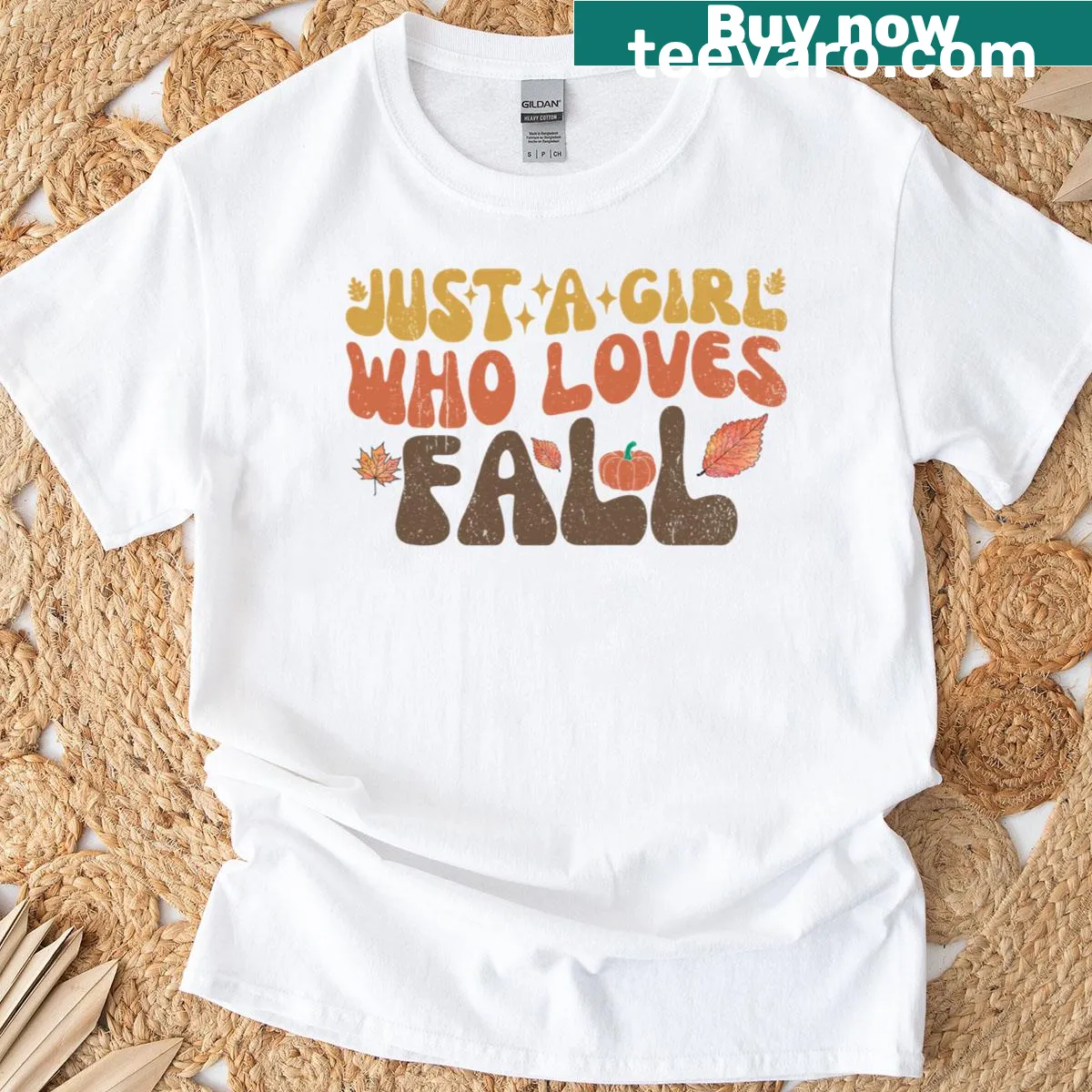 Retro style T-shirt with pumpkins and 'Just A Girl Who Loves Fall' text — on a men's t-shirt