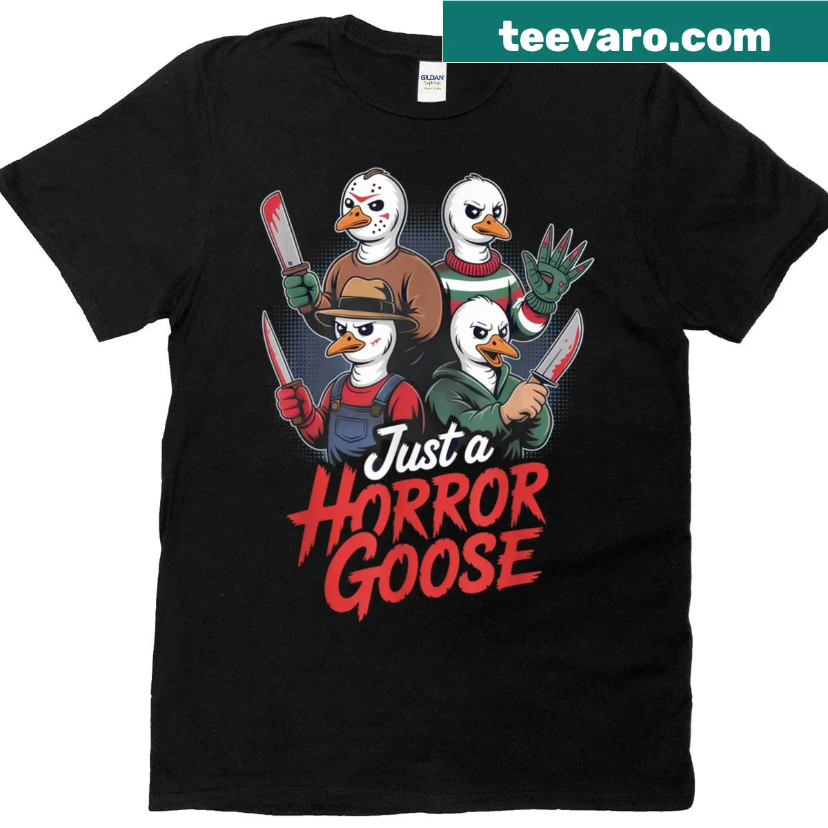 Whimsical Halloween shirt featuring a horror-themed goose — on a men's t-shirt