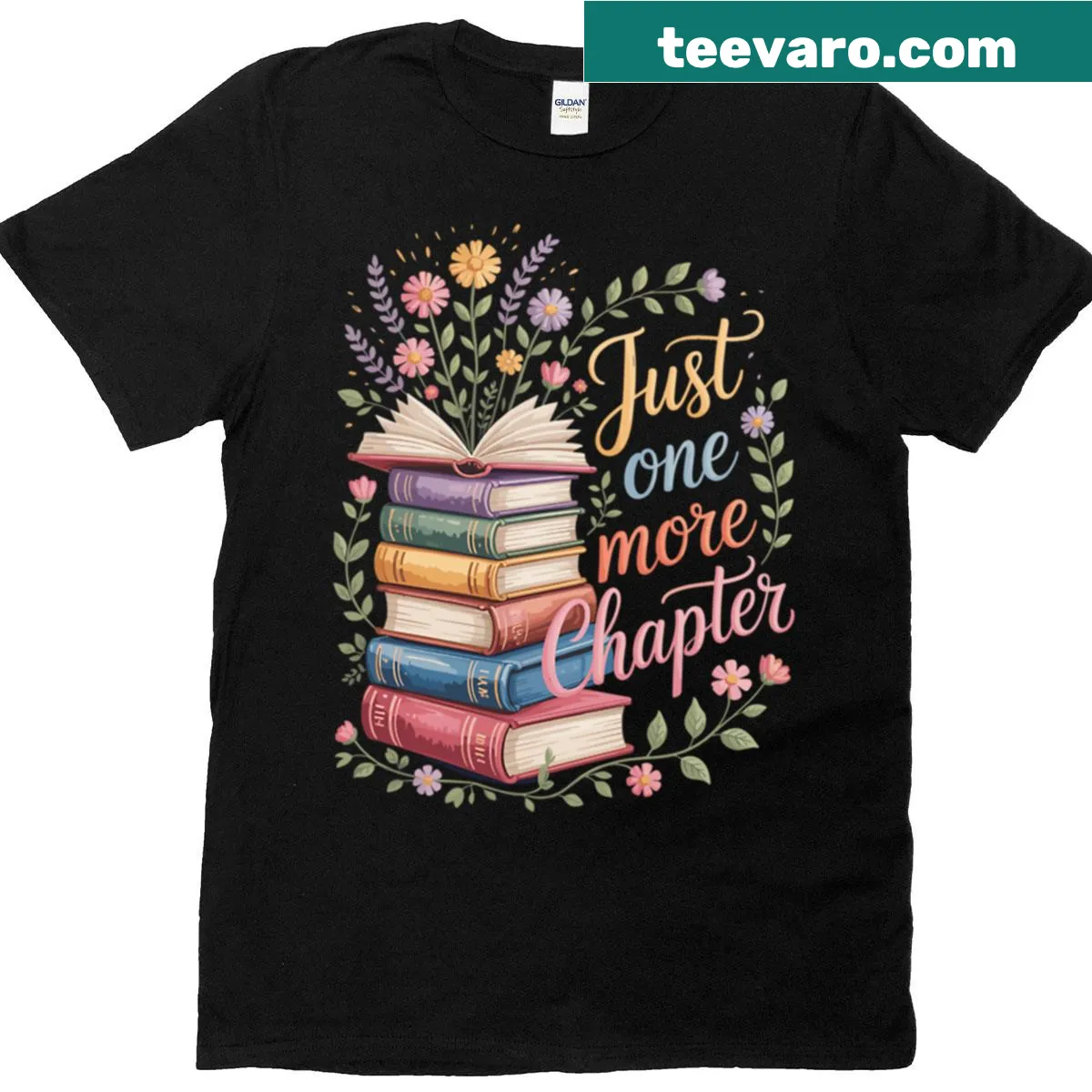Floral T-shirt with the phrase Just One More Chapter for book lovers — on a men's t-shirt