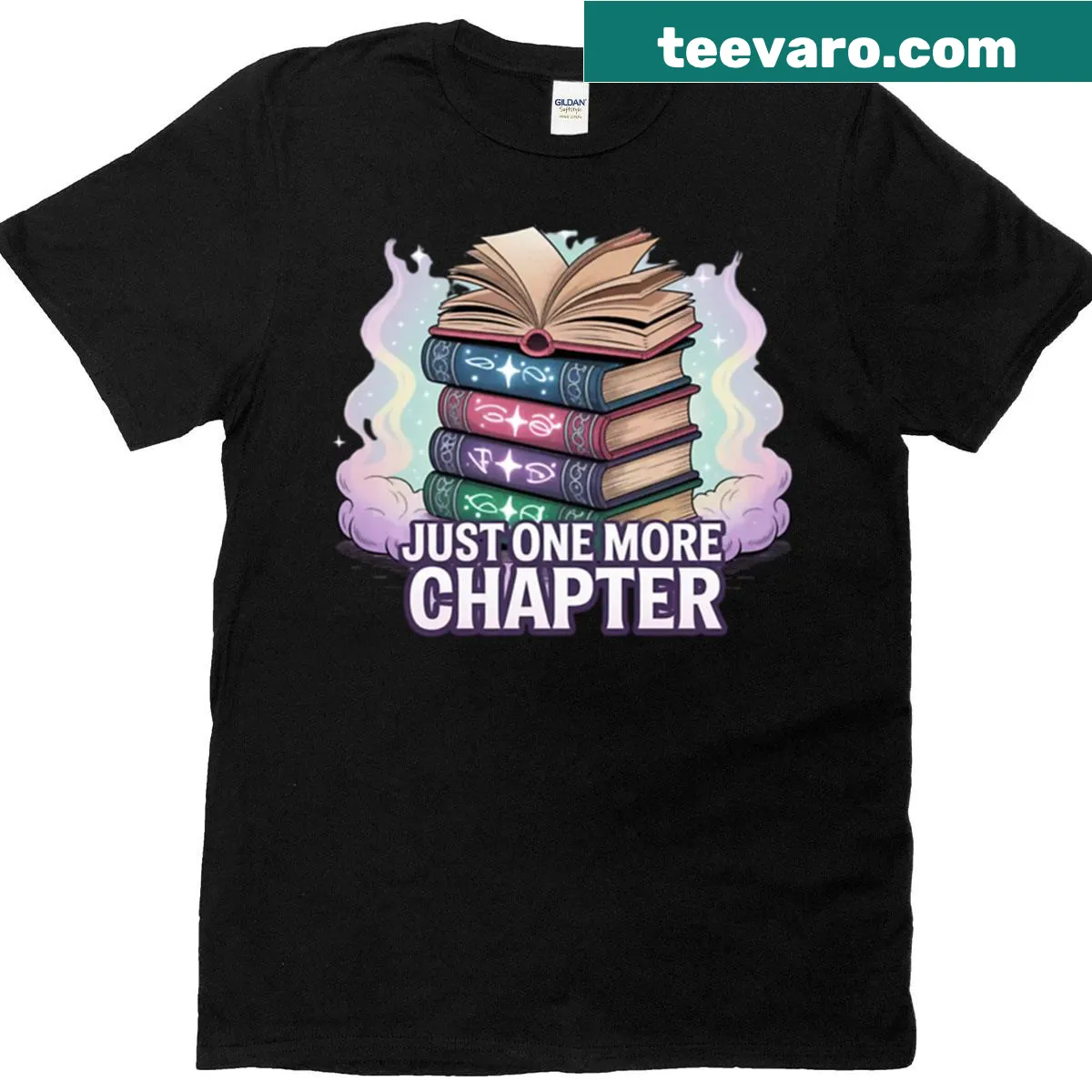 Cute book lover T-shirt with 'Just One More Chapter' text — on a men's t-shirt