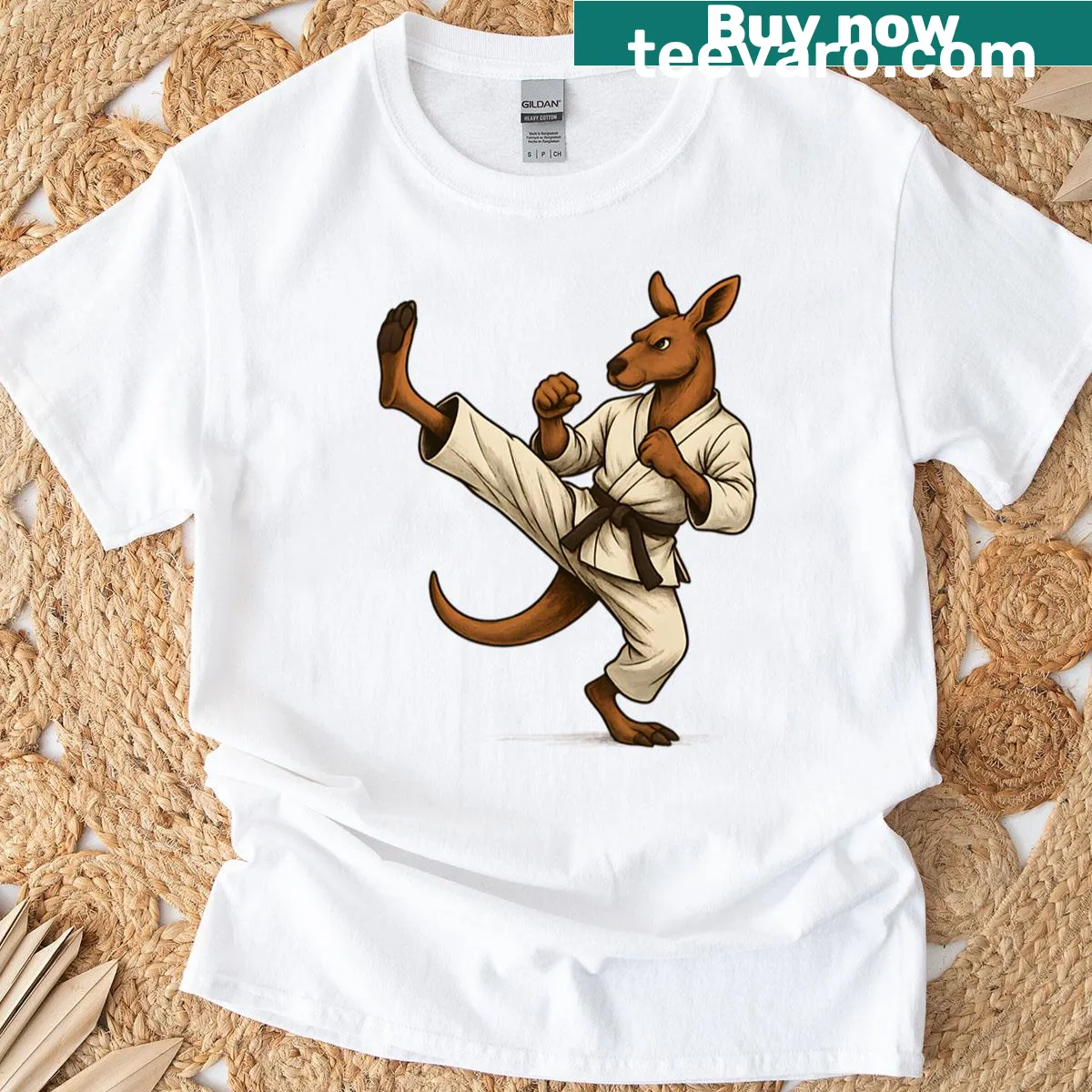Illustration of a kangaroo practicing kung fu on a playful t-shirt — on a men's t-shirt