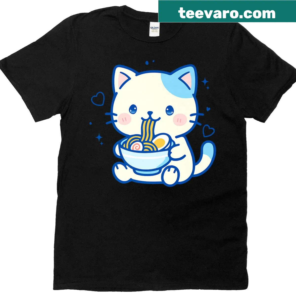 Adorable kawaii cat in a ramen bowl, perfect for anime lovers — on a men's t-shirt