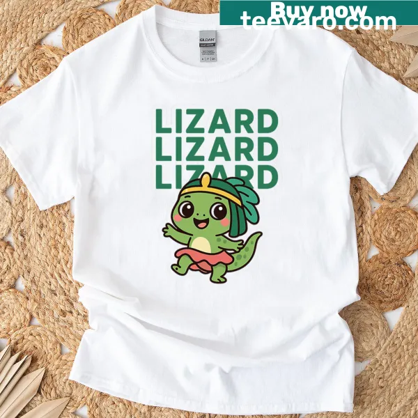 Cartoon dancing lizard graphic on a kid's T-shirt