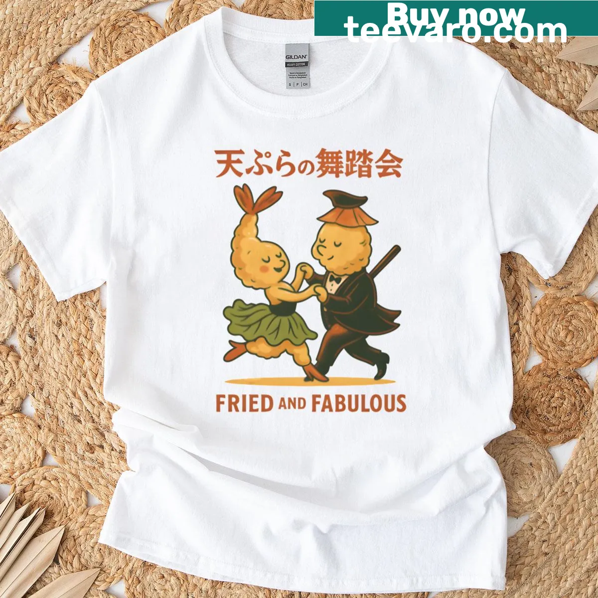 Oversized T-shirt featuring kawaii tempura in a dance party style — on a men's t-shirt