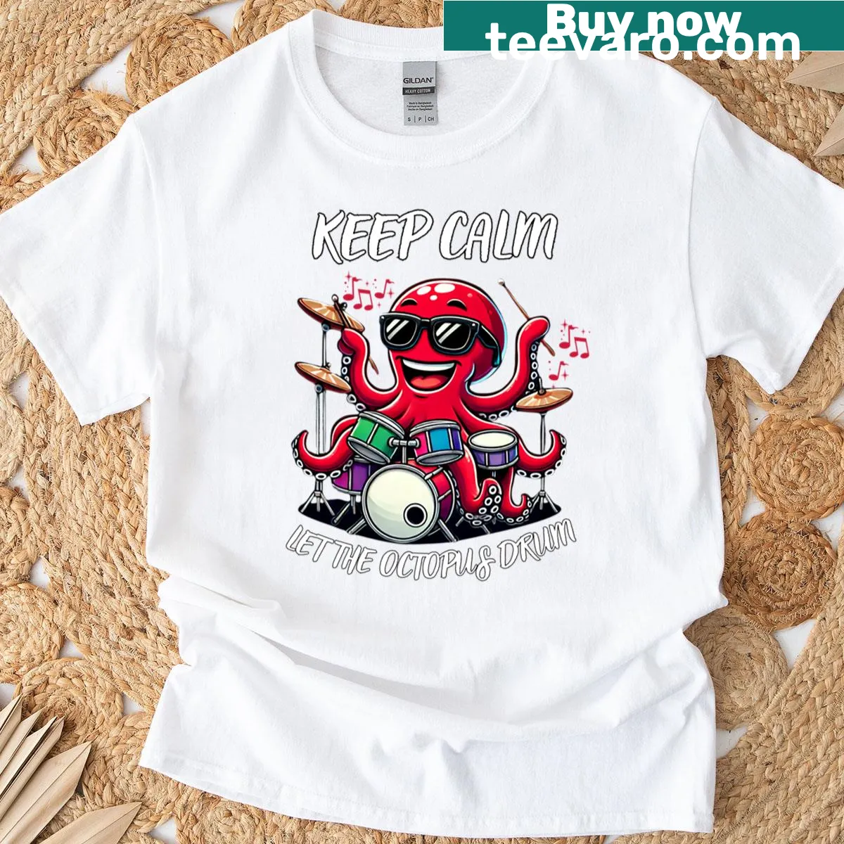 Funny music t-shirt with an octopus drumming design — on a men's t-shirt