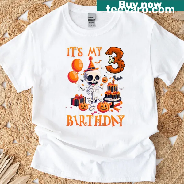 Halloween birthday t-shirt for 3-year-old with skeleton design