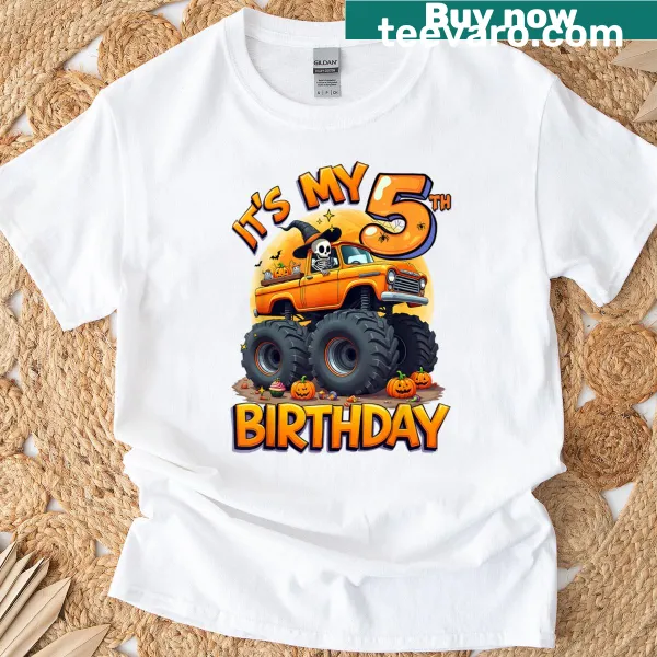 Kids T-shirt featuring a monster truck for a Halloween birthday
