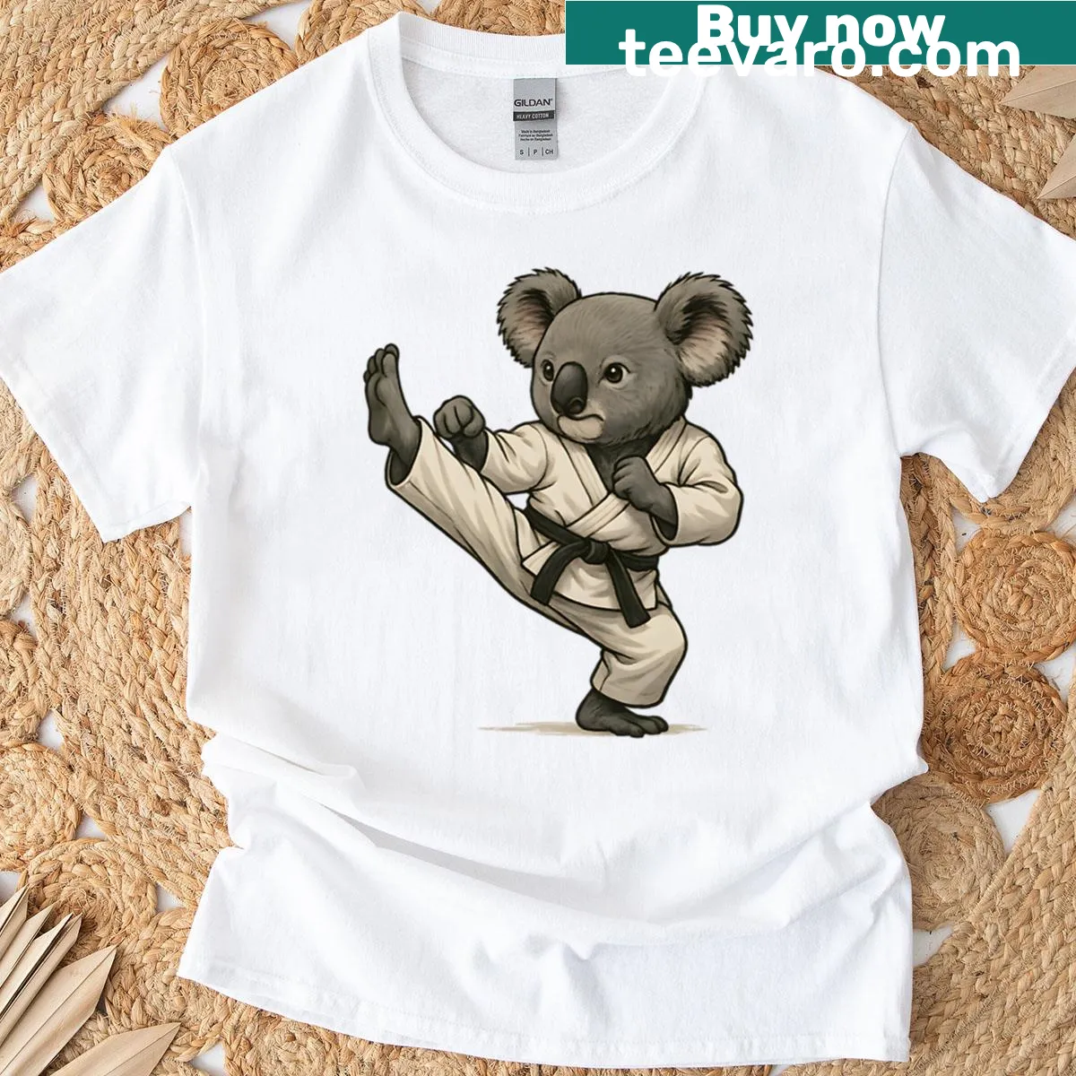 Cartoon koala practicing martial arts on a T-shirt — on a men's t-shirt