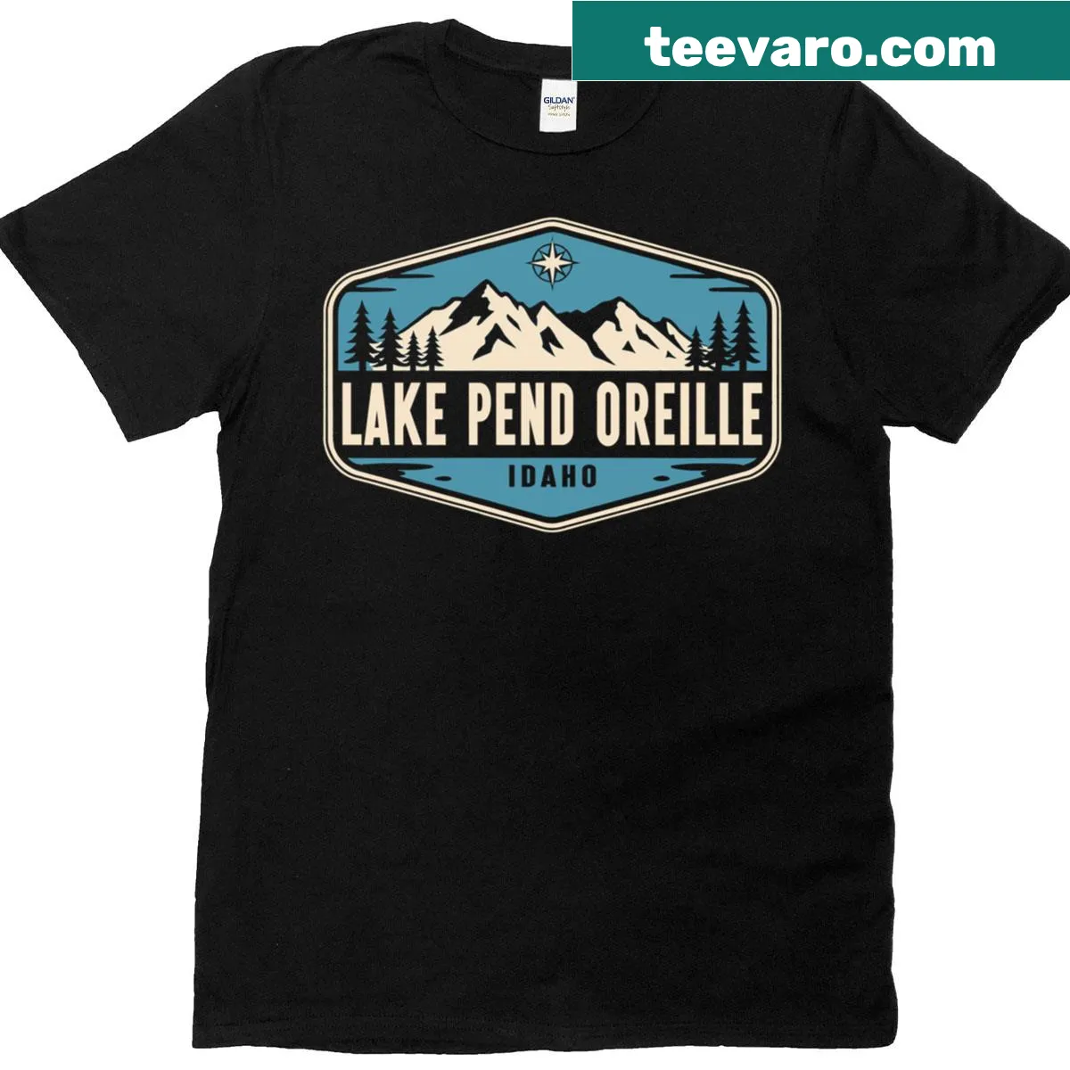 Graphic t-shirt featuring Lake Pend Oreille and mountains of Idaho — on a men's t-shirt