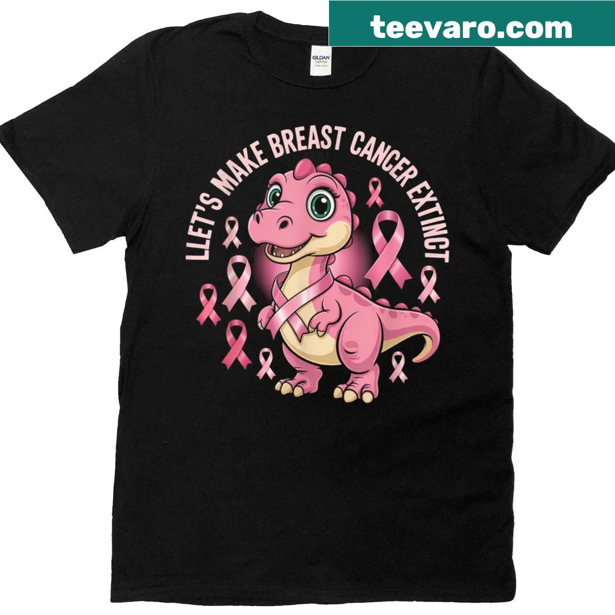 Cute dinosaur t-shirt with the phrase 'Lets Make Breast Cancer Extinct' — on a men's t-shirt