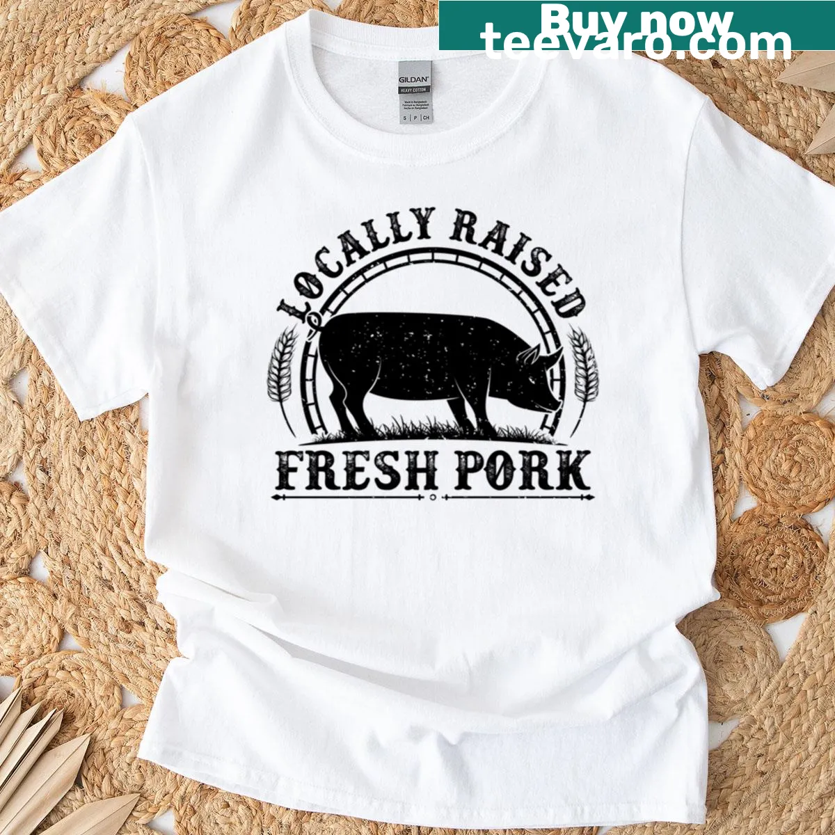Text design promoting local pork products for farmers — on a men's t-shirt