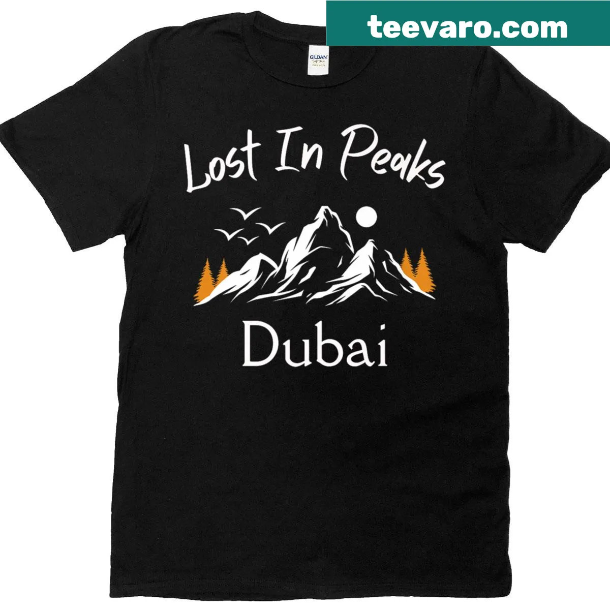 Travel-themed T-shirt with the phrase 'Lost In Peaks' and a scenic illustration — on a men's t-shirt